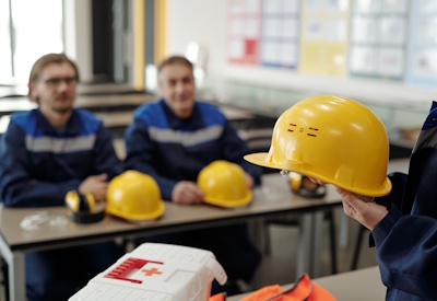 Young female worker uniform holding protective helmet while standing front male colleagues lesson basics life safety 400x275x72dpi